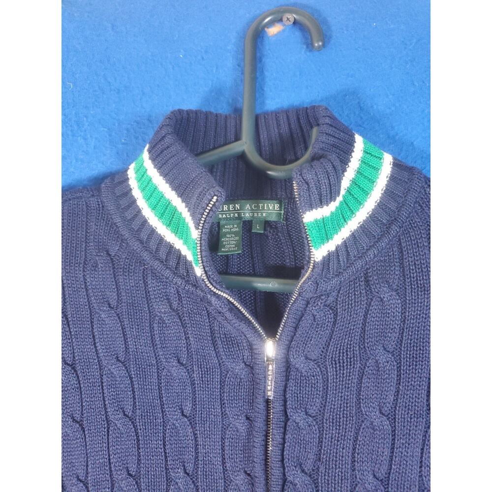 LRL Lauren Active Ralph Lauren Women's L Navy Blue Cable Knit Full Zip Sweater - Picture 2 of 16